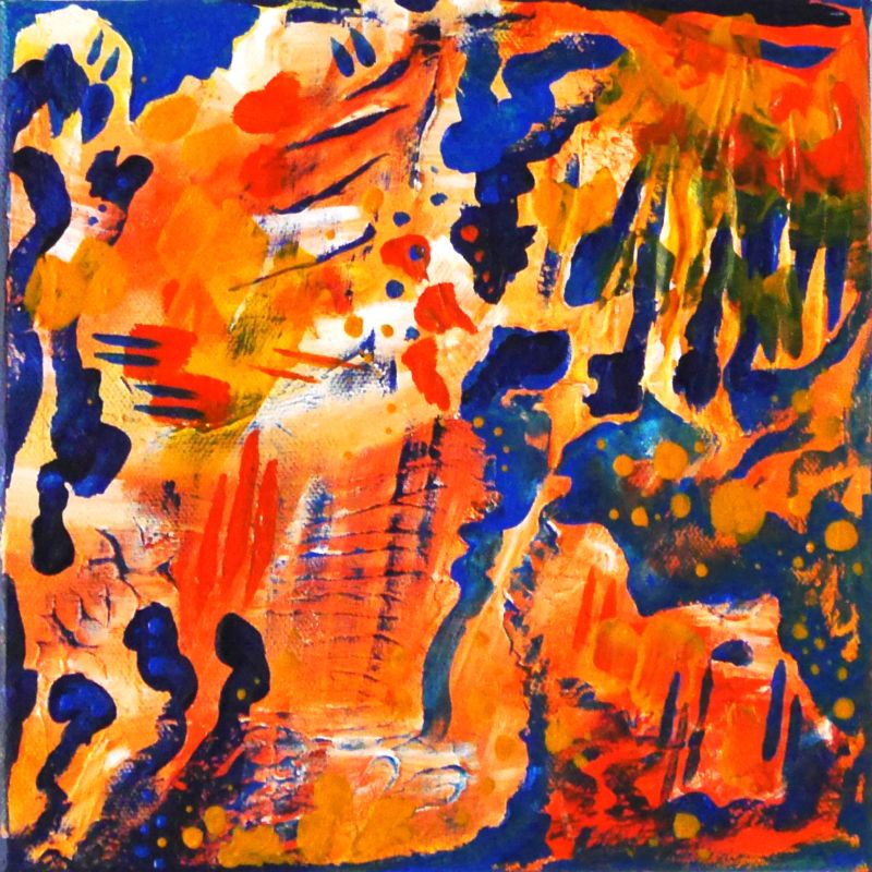 An abstract interplay of color and texture paste; blue elements break through orange, desert-like surfaces.