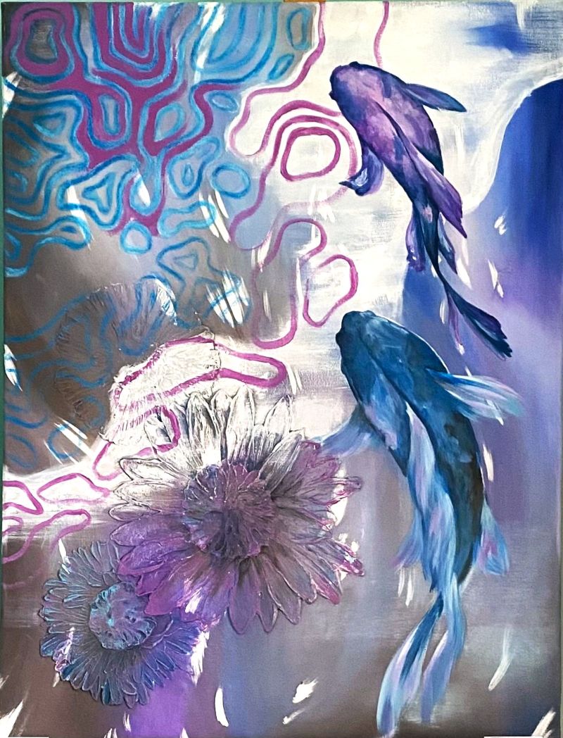 The outlines of three flowers are worked into the background using texture paste. Undulating, wave-like structures in blue and violet tones move across a darker ground. Two large koi swim above, creating a calm, meditative atmosphere.