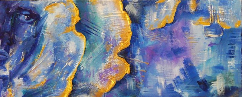 A light green background; orange and pink geometric elements, some raised, spread across the surface. Three pink-green koi swim above.