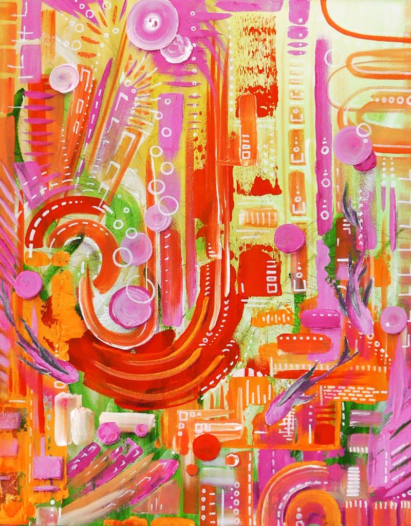 Texture paste creates tactile waves in the background, highlighted with gold paint; a portrait and a koi are subtly hidden within the composition.