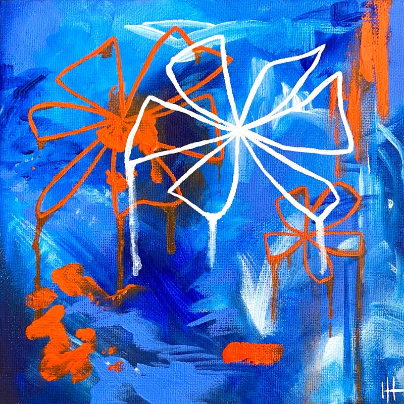 Layered blue background with three central flower outlines in orange and white; dripping lines resemble liquid graffiti.