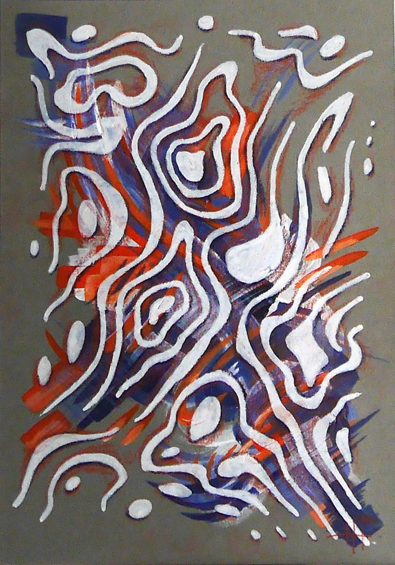 Third part of the abstract three-piece series bluenorange: the familiar orange and blue tones create the background, above which white, wave-like structures seem to hover.