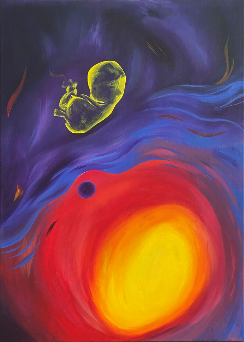 ein Embryo der Licht und Dunkelheit in sich vereint schwebt in einer dunklen Strömung neben einer dunklen Späre in einem hellen Strudel.