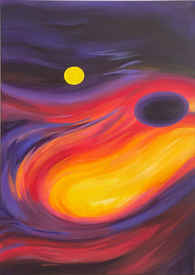abstraktes Gemälde auf der eine kleine gelbe und eine lilane Sphäre in dunklen und leuchtenden kosmischen Strömungen schweben.