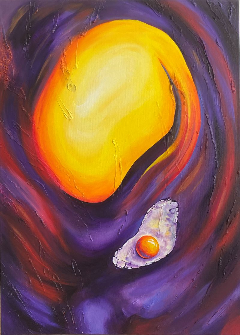 eine gelbe Späre die an einen embryo erinnert schwebt neben einem Spiegelei in einer dunklen kosmischen Strömung.
