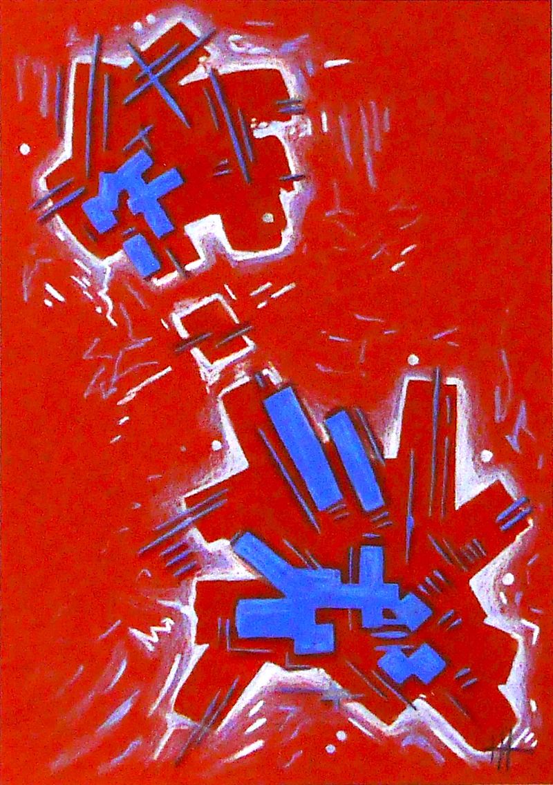 Two polygonal geometric forms face each other in the upper left and lower right corners of the image; smaller blue shapes float above them.