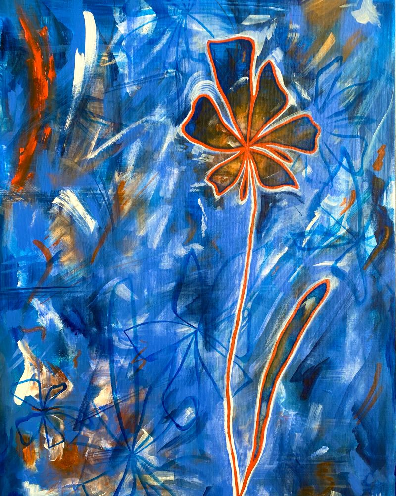 Layered blue background with faint floral shapes; a glowing orange flower stretches across the entire canvas.