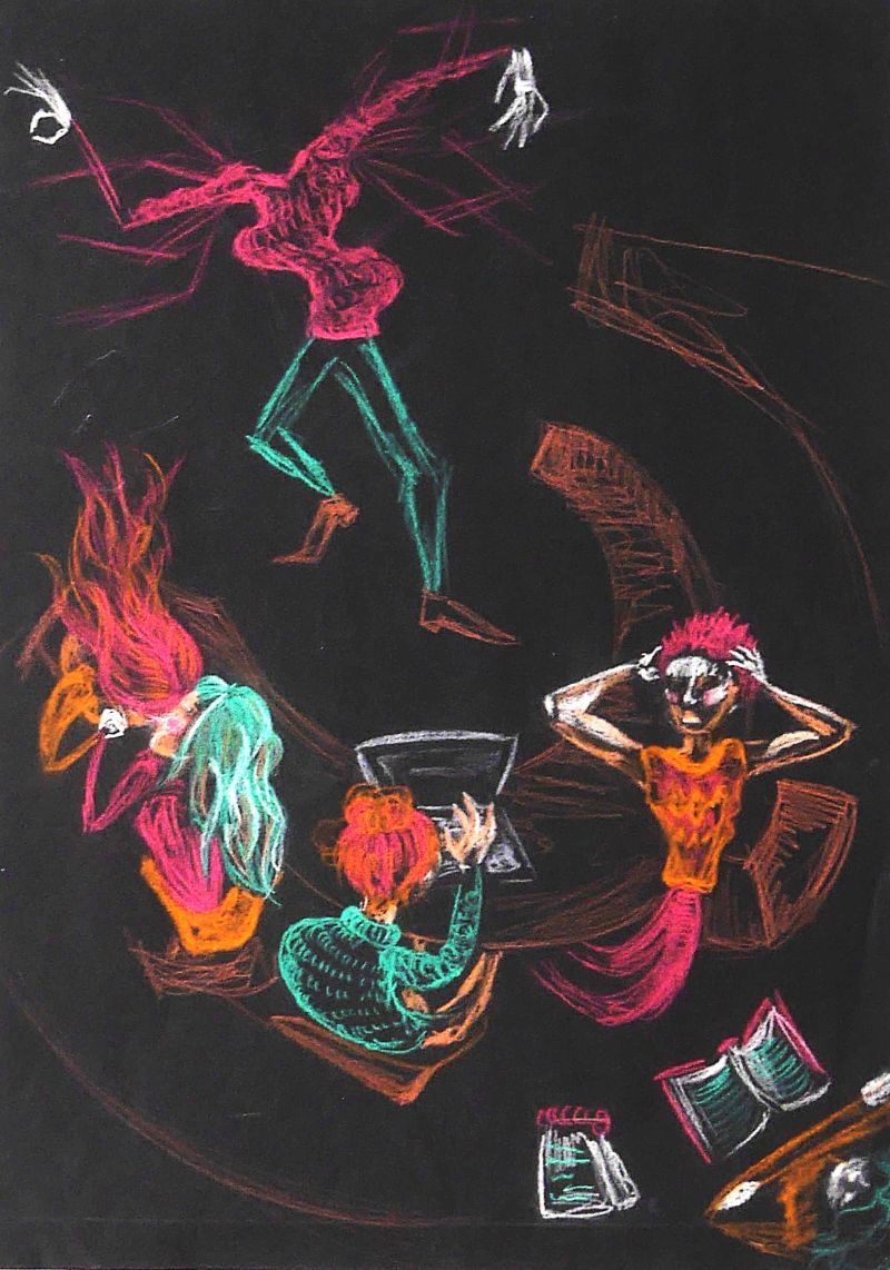 Colorful figures in a classroom on black paper: a headless teacher with many arms like a marionette; two girls kissing; one person losing control; only two figures are actually working.