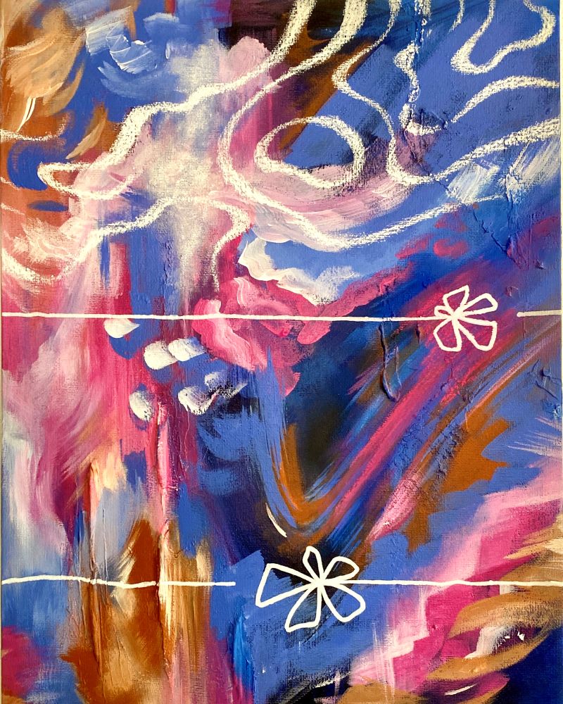 Left half of a two-part abstract painting with layered pink and blue color structures floating over a dark background; two stylized flower outlines are central.