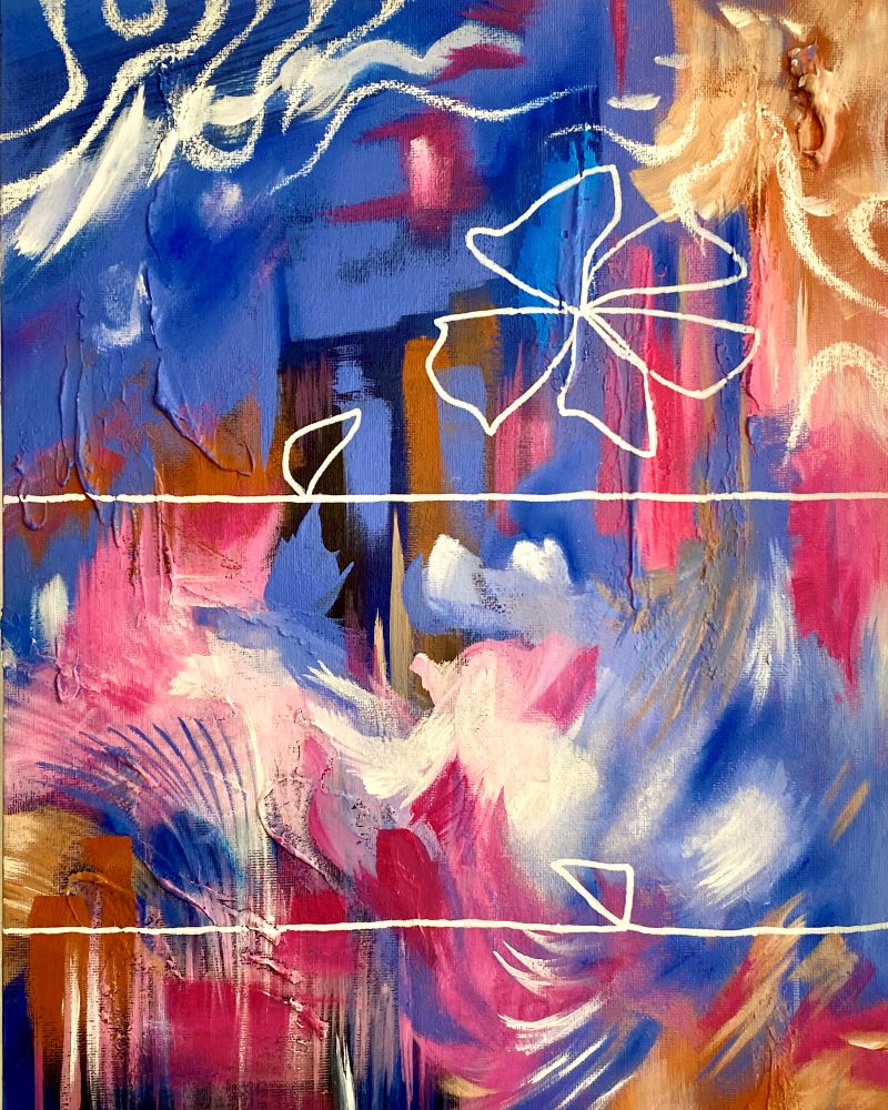 Right half of a two-part abstract painting with layered pink and blue tones; a flower outline and petals echo the motifs of the first piece.