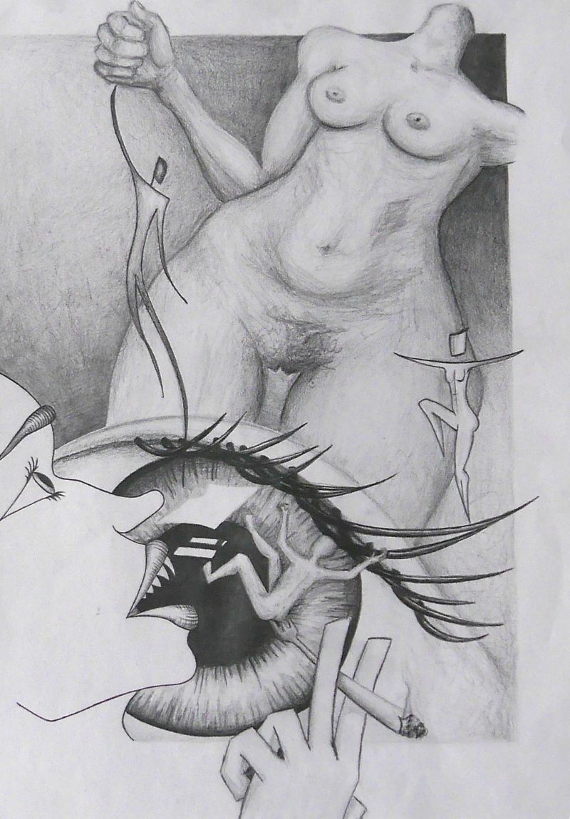 Body collage: a naked, headless woman from whose hand a stylized figure is being squeezed; another balances on the eyelashes of an oversized eye; a woman with pointed teeth devours a man impaled on a fork that transforms into a cigarette.