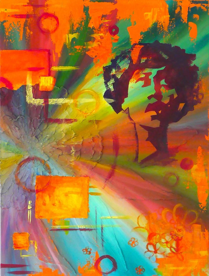 The outline of a sunflower is built up using texture paste. At its center, vibrant colors converge in a star-like formation. Orange geometric shapes float above the swirling colors. A faint portrait of a woman occupies the right half of the canvas.