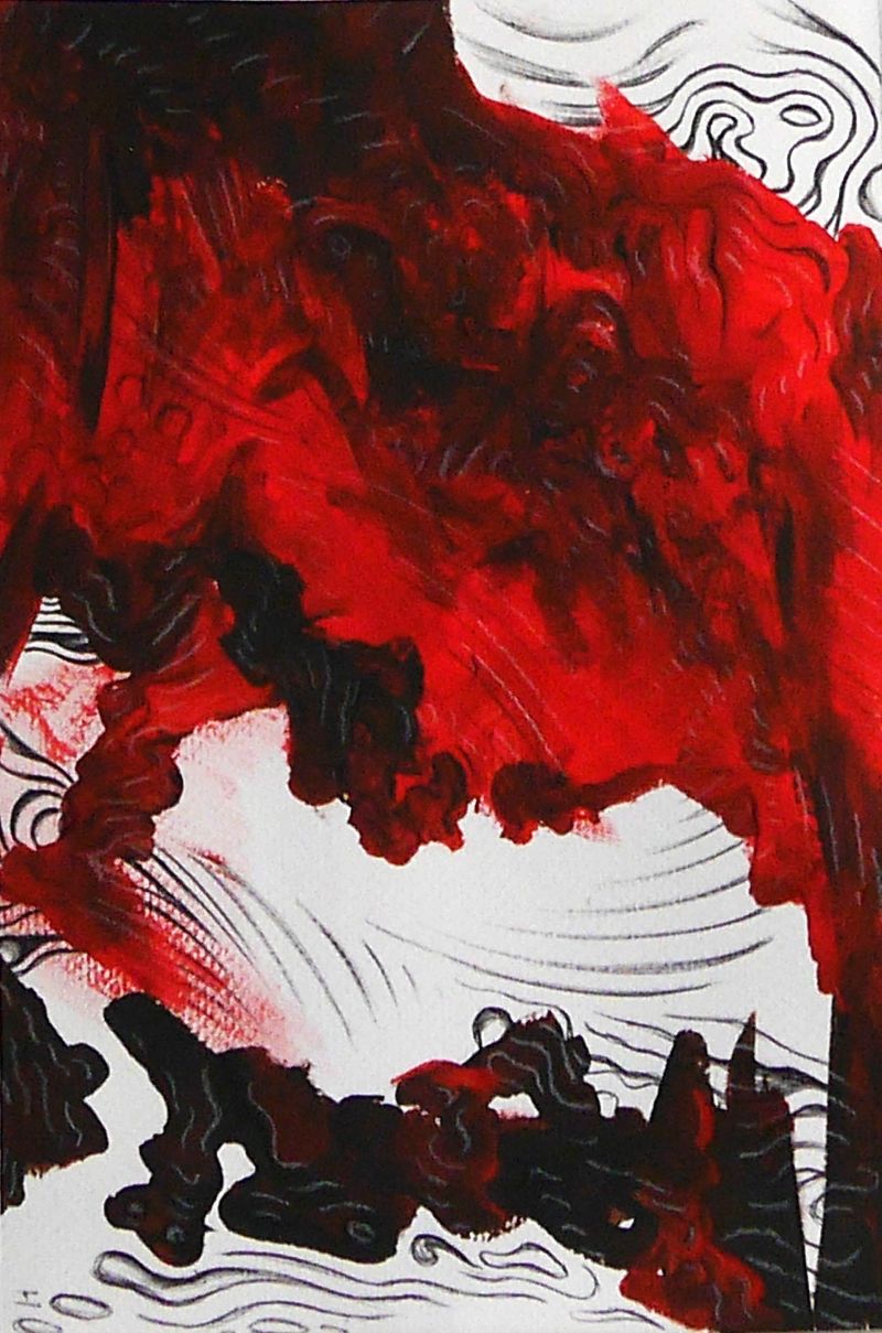 Left painting of a two-piece work: heavy red and black color fields dominate most of the image; black and white lines create a feeling of lightness.
