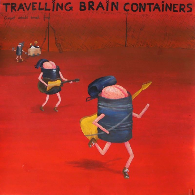 Red background; the three members of a fictional band are depicted as walking tin cans with brains, carrying their instruments.